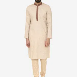Manyavar Men Beige & White Self Design Kurta with Pyjamas-picture-16