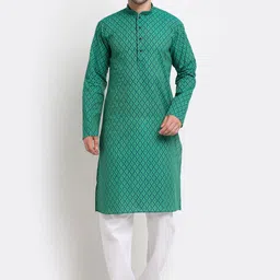 KRAFT INDIA Men Green Printed Regular Pure Cotton Kurta with Pyjamas image 1