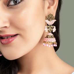 Rubans Gold-Toned & Pink Enamelled Dome Shaped Jhumkas-picture-4