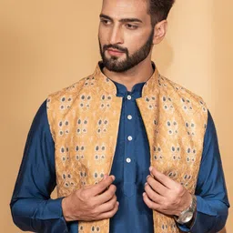KISAH Men Teal Printed Thread Work Kurta with Churidar image 2