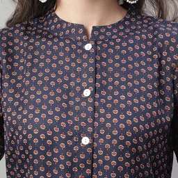 Anouk Navy Blue & Red Mandarin Collar Ethnic Motifs Printed Anarkali Pure Cotton Kurta image 2