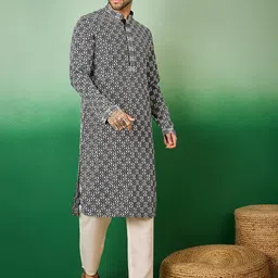 Sangria Black Geometric Embroidered Chikankari Sequinned Cotton Straight Kurta image 5