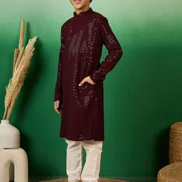 Sangria Boys Sequence Embroidered Cotton Mandarin Collar Chikankari Kurta image 4