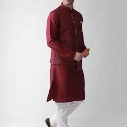 KISAH Men Maroon Kurta & Churidar With Jacket image 4