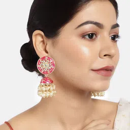 LAIDA Pink & Gold-Plated Enamelled Stone-Studded Dome Shaped Jhumkas image 1