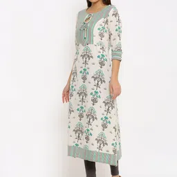 HERE&NOW Off-White & Grey Floral Printed Cotton Flax A-Line Kurta image 3