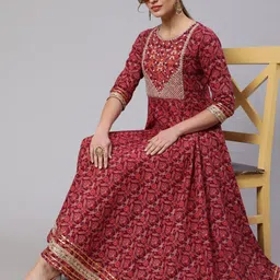 GLAM ROOTS Ethnic Motifs Printed Thread Work Anarkali Cotton Kurta image 5