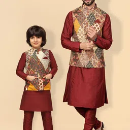 KISAH Boys Mandarin Collar Straight Kurta & Trousers With Printed Nehru Jacket-picture-19