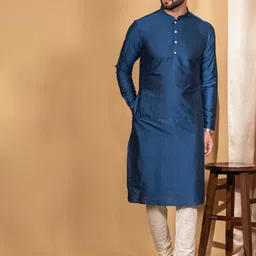 KISAH Men Teal Printed Thread Work Kurta with Churidar image 4