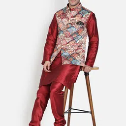 Armaan Ethnic Men Maroon & Blue Dupion Silk Kurta with Churidar image 5