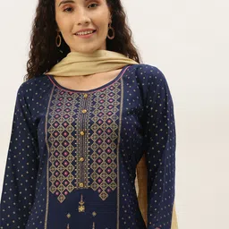 SheWill Women Navy Blue & Golden Foil Printed Kurta with Trousers & Dupatta-picture-11