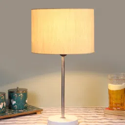 Devansh White Wooden & Cotton Cylinder Contemporary Table Lamp image 3