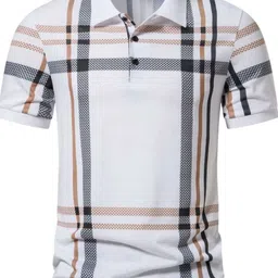 ausk Men Checkered Polo Neck Cotton Blend White T-Shirt image 3