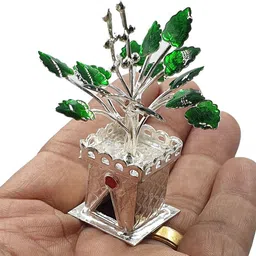sahiba gems Solid Chandi / Silver Tulsi Small Plant for Home/Office for Pooja (18 Grams) Decorative Showpiece-7 cm image 5