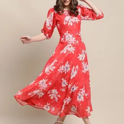 fabflee Women A-line Red Midi/Calf Length Dress image 5