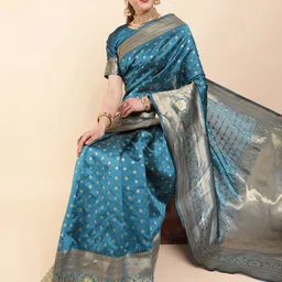 Sangria Teal & Gold-Toned Jaquard Woven Design Zari Silk Blend Banarasi Saree image 2
