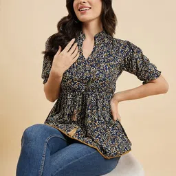 santoliya Casual Regular Sleeves Floral Print Women Blue Top image 3