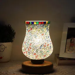 Devansh White & Red Printed Wooden Round Table Lamp With Mosaic Glass image 4