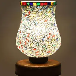 Devansh White & Red Printed Wooden Round Table Lamp With Mosaic Glass image 5