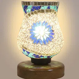Devansh White & Blue Mosaic Design Round Shaped Wooden Table Lamp With Glass Shade image 3
