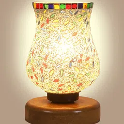 Devansh White & Red Printed Wooden Round Table Lamp With Mosaic Glass image 2