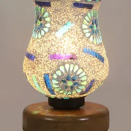 Devansh White & Blue Printed Wooden Round Table Lamp With Mosaic Glass image 5