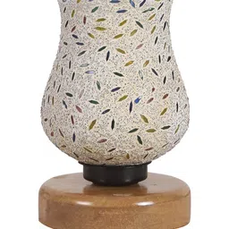 Devansh White & Red Printed Wooden Round Table Lamp With Mosaic Glass image 3