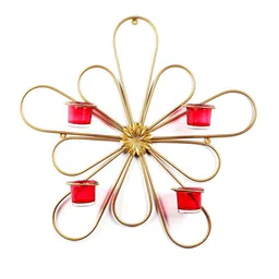 Home Sparkle Gold Toned and Red Tealight Wall Hanging Candle Holder With Votive Glass Set image 2