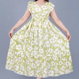 pradhruhe Women Fit and Flare Light Green, White Midi/Calf Length Dress image 4