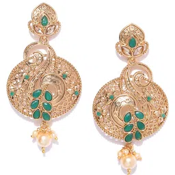 Jewels Galaxy Green Antique Gold-Plated Stone-Studded Classic Drop Earrings image 2