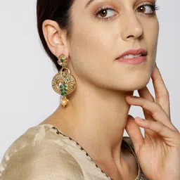 Jewels Galaxy Green Antique Gold-Plated Stone-Studded Classic Drop Earrings image 4