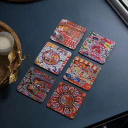 Homspurts Red Set Of 6 Madhubani Art Printed Wooden Coaster image 5