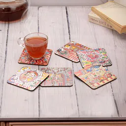 Homspurts Red Set Of 6 Madhubani Art Printed Wooden Coaster image 2