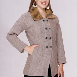 biwu women pure wool, solid 2 buton style, winter furr Self Design Coat For Women image 3