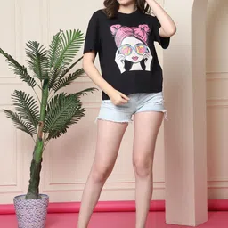 fabflee Women Printed Round Neck Pure Cotton Black T-Shirt image 5