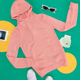 Pantaloons Junior Girls Peach-Coloured Hooded Pullover Sweater-picture-23