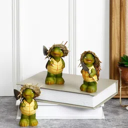 TAYHAA Set Of 3 Green & Yellow Turtle showpiece with Jute Hats-picture-15