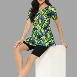 Aarika Womens Green-Black Colour Leaf Print Nylon Swim Suit With Goggle Self Design Women Green Swimsuit image 5