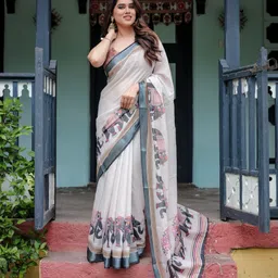 almaari fashion Floral Print Kanjivaram Cotton Linen Saree image 5