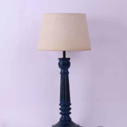 the decor mart Gothic E27 Holder Wooden Base Table Lamp (Blue Base) with Fabric Shade (Beige) image 2