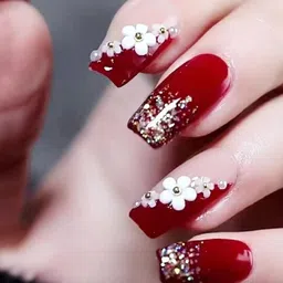 Set of 24 Artificial Reusable Nails in Maroon / glitter & flowers design & glue Maroon-image-4