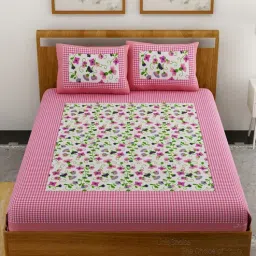 uniqchoice Pink Floral 120 TC Cotton Queen Sized Bedsheet with 2 Pillow Cover-picture-28