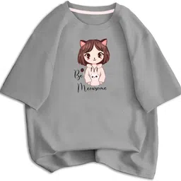 Women Printed Round Neck Cotton Blend Grey T-Shirt-image-19