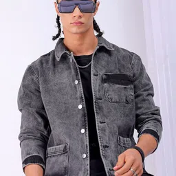 The Indian Garage Co Men Washed Longline Outdoor Denim Jacket with Patchwork image 1