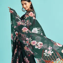 Mitera Green & Blue Floral Printed Organza Saree-image-88
