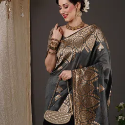 Anouk Grey & Gold-Toned Ethnic Woven Design Zari Cotton Silk Banarasi Saree-picture-39