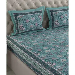 patricko Green Floral 300 TC Cotton Double King Sized Bedsheet With 2 Pillow Covers image 4