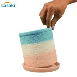 LASAKI Gloria Blue 2 Pieces Textured Ceramic Planter With Plate image 3