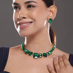 Rubans 18K Gold-Plated Crystal Emerald Green Studded Statement Necklace Set image 1