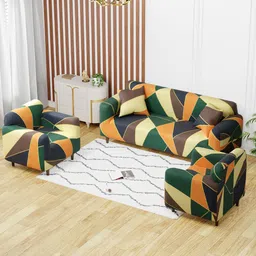 Aura Green & Blue Printed Polyester 3 Piece Sofa Cover With Arms image 2